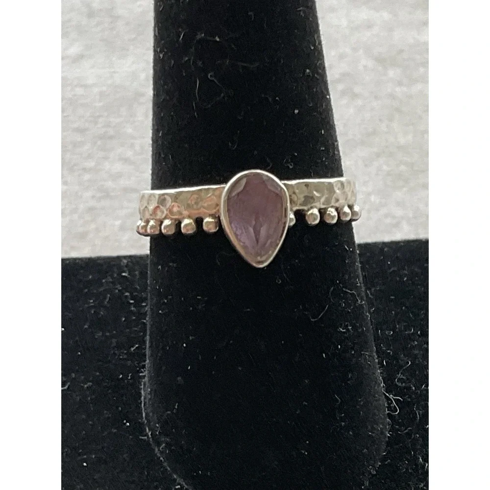 Vintage 925 Sterling Silver Amethyst Ring Size 8 Hammered Estate Jewelry